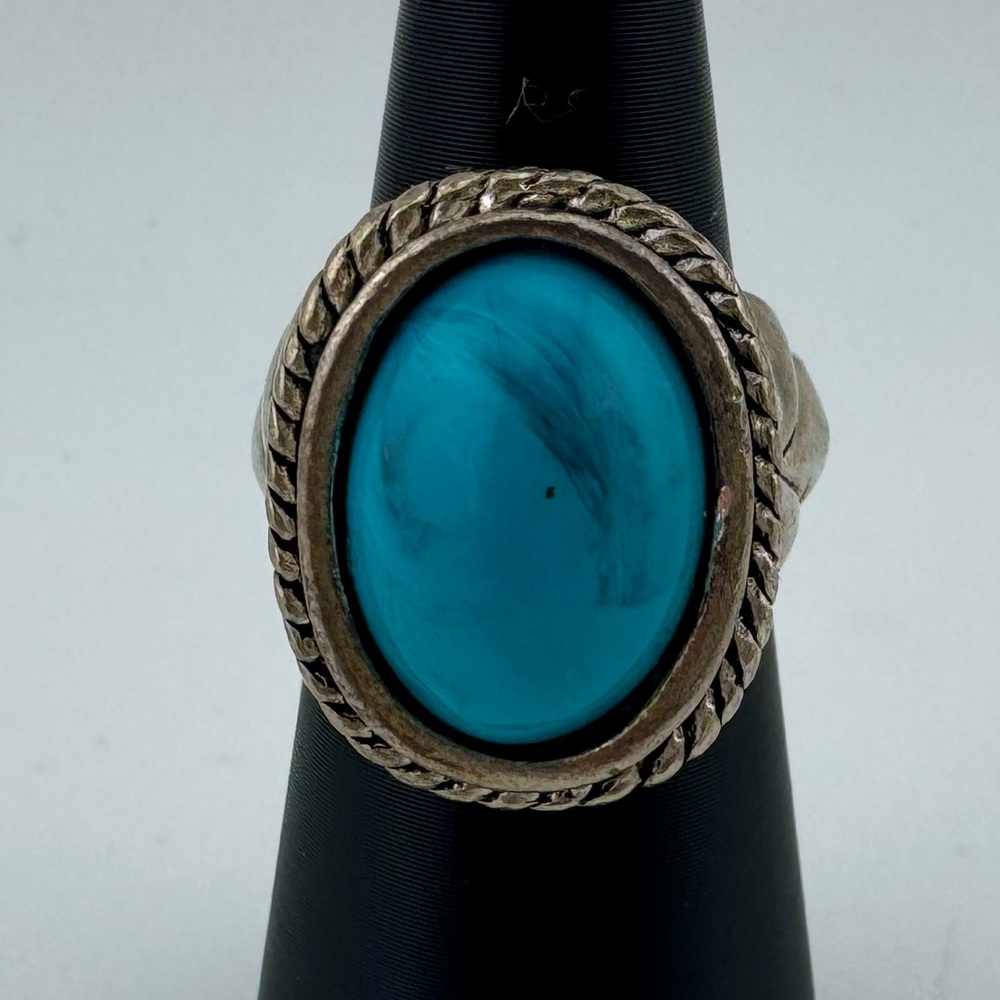 Native Silver and Turquoise Blue Stone Chunky Ring Sz 7.5‎